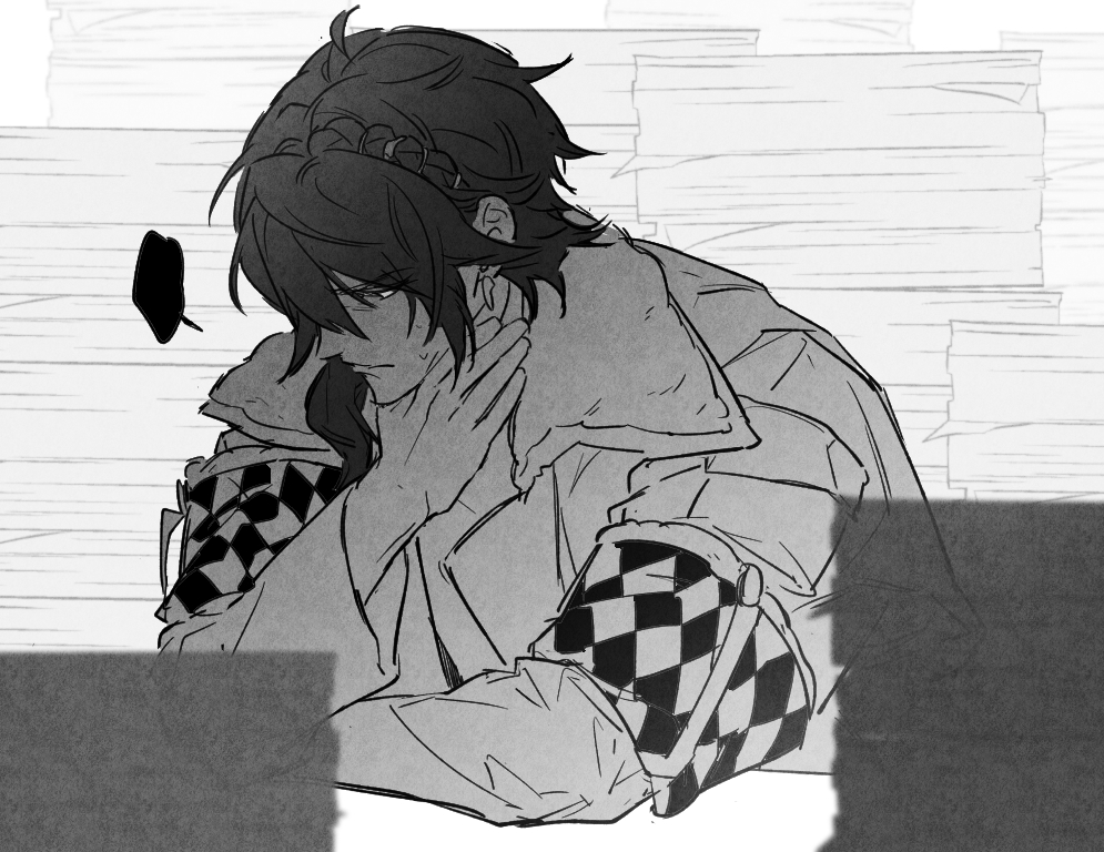 1boy, coat, commentary_request, g0ng_g0ng, greyscale, hair_over_shoulder, indoors, korean_commentary