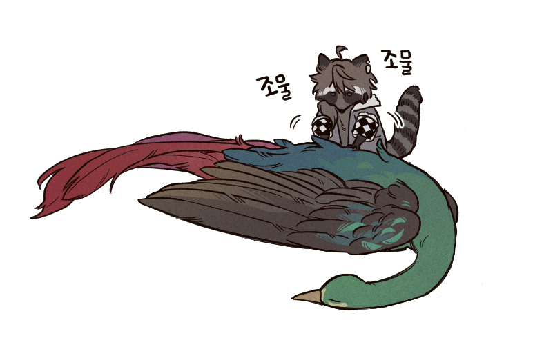 animal_focus, animalization, bird, commentary_request, full_body, g0ng_g0ng, getian_(reverse:1999), korean_commentary, korean_text, name_day_(reverse:1999), no_humans, raccoon, reverse:1999, simple_background, sleeping, translation_request, white_background