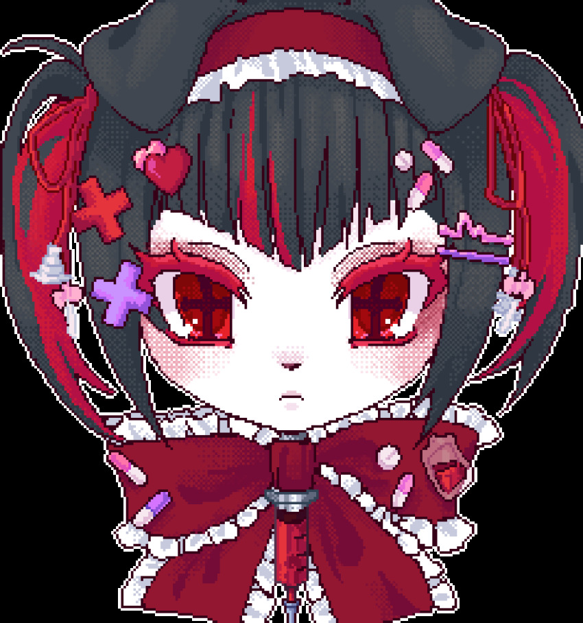 1girl, animal_ears, animal_nose, animated, animated_gif, black_hair, blinking, bow, bowtie, cropped_head, cross, cross-shaped_pupils, dog_ears, dog_girl, frilled_bowtie, frown, gothic_lolita, hair_ornament, hairband, hairclip, highres, lolita_fashion, lolita_hairband, looking_at_viewer, luc143r, multicolored_hair, original, pill, pixel_art, portrait, red_bow, red_bowtie, red_eyes, red_hair, red_hairband, short_hair, short_twintails, sidelocks, simple_background, solo, streaked_hair, symbol-shaped_pupils, syringe, twintails, two-tone_hair, white_background, x_hair_ornament, yami_kawaii