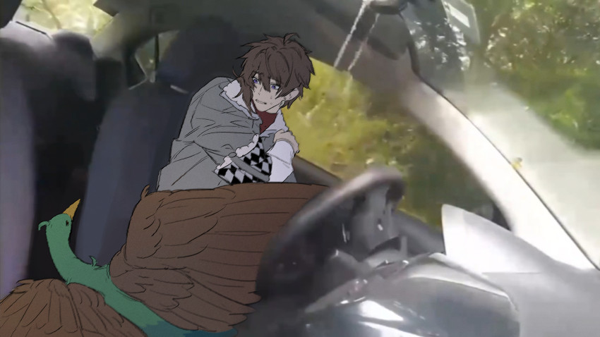 1boy, animal, animalization, bird, brown_hair, car_interior, coat, commentary