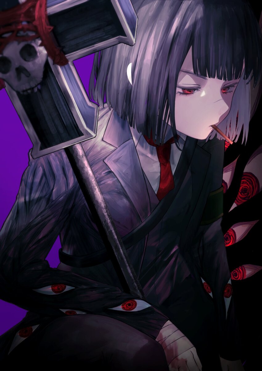 1girl, black_coat, black_hair, bob_cut, coat, collared_shirt, cross, e.g.o_(project_moon)