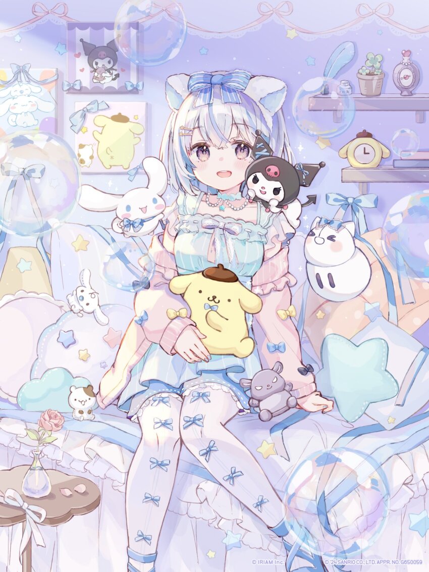 1girl, alarm_clock, alternate_costume, baku_(sanrio), bedroom, black_bow, blue_bow, blue_choker