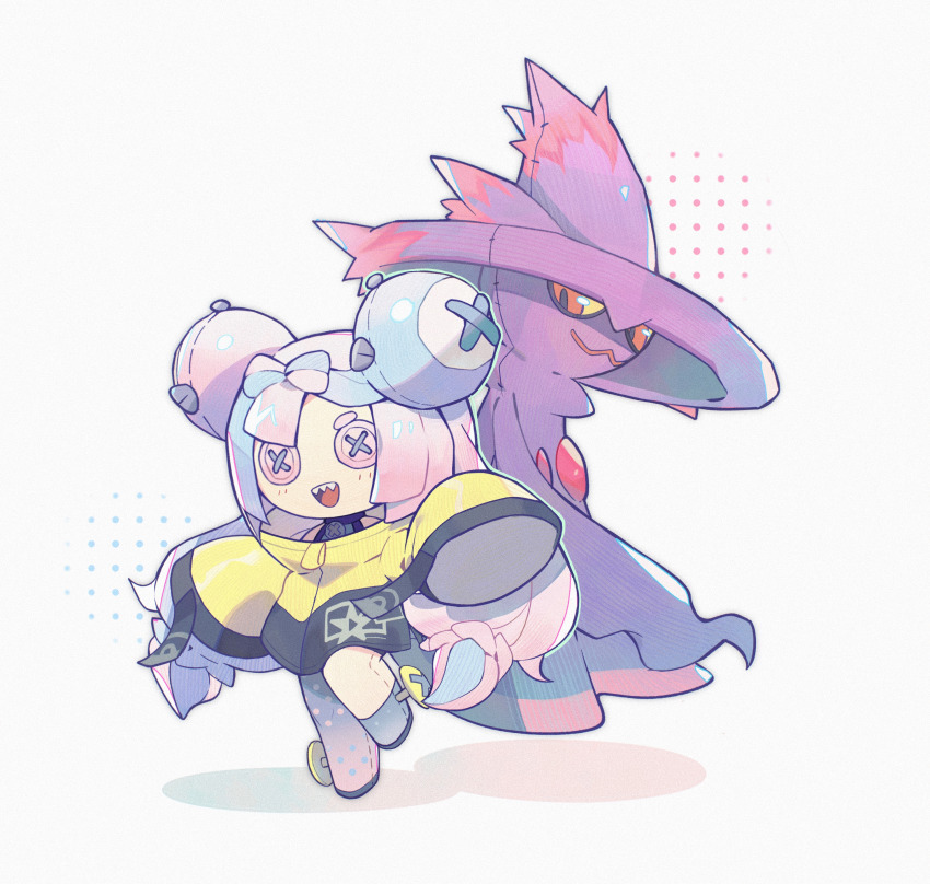 1girl, :d, absurdres, asymmetrical_legwear, baojiang_tuzhi, behind_another, black_footwear, black_jacket