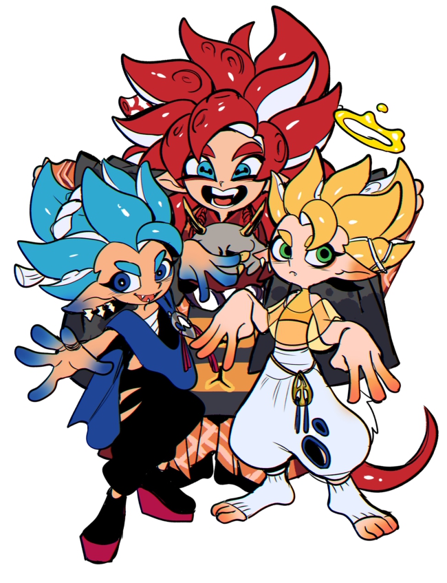 3boys, alternate_species, big_man_(splatoon), big_man_(splatoon)_(cosplay), blonde_hair, blue_eyes, blue_hair, commentary_request