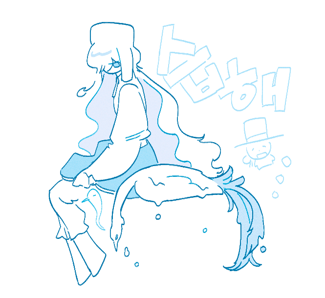 1girl, animal, animalization, bird, blue_theme, boots, full_body, g0ng_g0ng, getian_(reverse:1999), korean_text, long_hair, monochrome, reverse:1999, simple_background, sitting, solo, translation_request, vertin_(reverse:1999), very_long_hair, wet, white_background, yenisei_(reverse:1999)