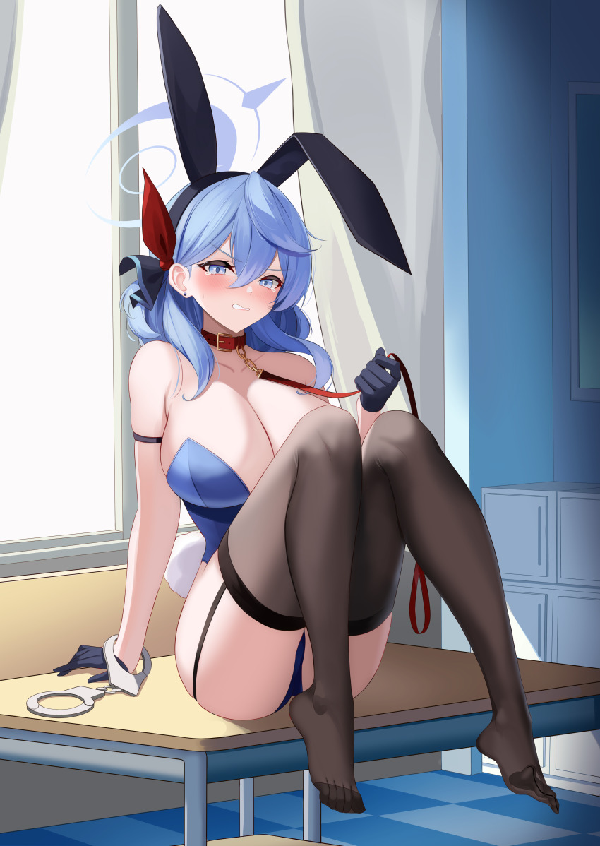 absurdres, ako_(blue_archive), angry, animal_collar, animal_ears, ars, bare_shoulders, black_panties, black_thighhighs, blue_archive, blue_eyes, blue_hair, blue_halo, breasts, clenched_teeth, collar, commentary, deep_skin, fake_animal_ears, feet, halo, highres, jayamon, leash, leotard, looking_at_viewer, no_shoes, panties, playboy_bunny, revealing_clothes, single_handcuff, solo, strapless, strapless_leotard, teeth, thighhighs, underwear