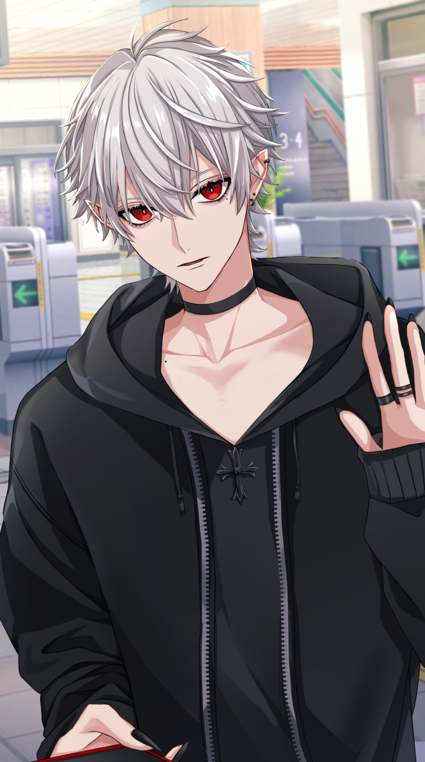 1boy, arrow_(symbol), black_choker, black_hoodie, black_jacket, black_nails, cellphone, choker, collarbone, commentary_request, cross, drawstring, ear_piercing, earrings, expressionless, fingernails, hair_between_eyes, hand_up, highres, holding, holding_phone, hood, hood_down, hoodie, indoors, jacket, jewelry, kuzuha_(10th_costume)_(nijisanji), kuzuha_(nijisanji), long_fingernails, long_sleeves, looking_at_viewer, male_focus, mole, mole_under_eye, multiple_rings, nail_polish, nijisanji, open_clothes, open_jacket, parted_lips, phone, piercing, plant, pointy_ears, red_eyes, ring, security_checkpoint, sharp_fingernails, short_hair, sleeves_past_wrists, smartphone, soiya_(soiyaaaaaa2), solo, stairs, tile_floor, tiles, upper_body, virtual_youtuber, white_hair, window, zipper