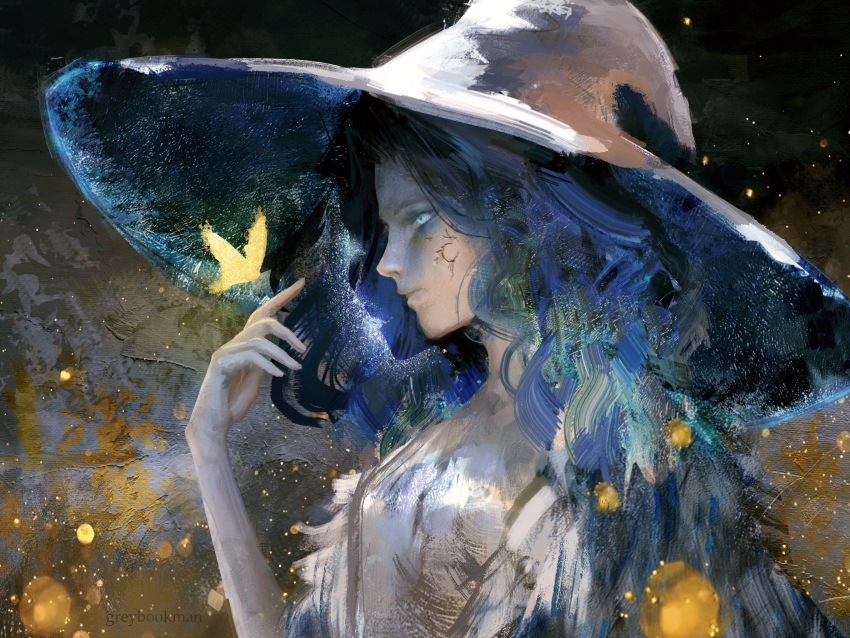 1girl, absurdres, blue_eyes, blue_hair, blue_skin, bug, butterfly, cloak, colored_skin, elden_ring, extra_faces, from_side, fur_cloak, greybookman, hat, highres, insect, large_hat, long_hair, ranni_the_witch, sky, star_(sky), starry_sky, upper_body, witch, witch_hat, yellow_butterfly
