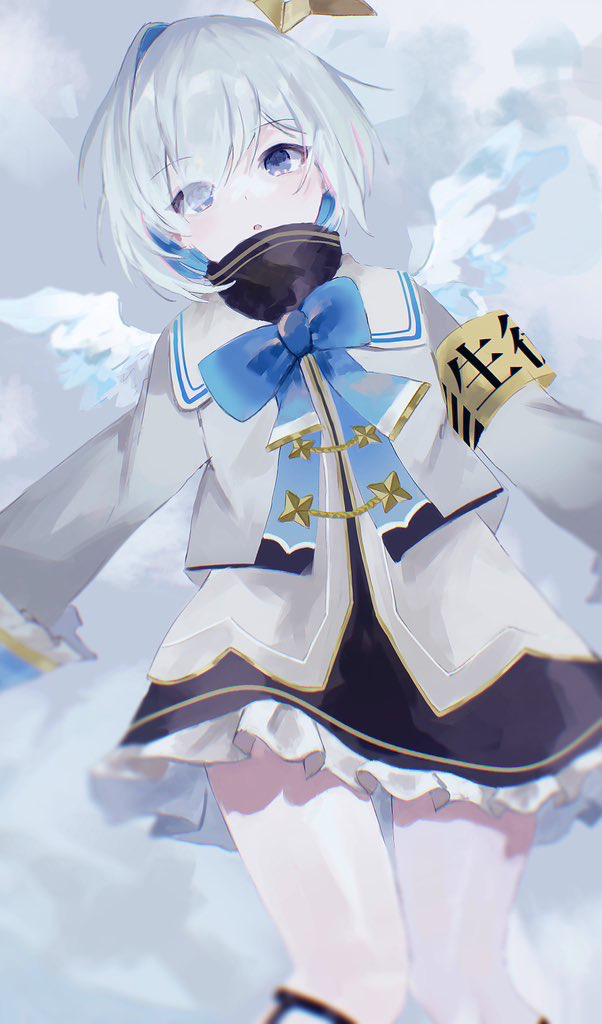 1girl, amane_kanata, amane_kanata_(1st_costume), angel, angel_wings, armband, asymmetrical_bangs, asymmetrical_hair, black_dress, blue_bow, blue_bowtie, blue_hair, bob_cut, bow, bowtie, cloud, cloudy_sky, colored_inner_hair, commentary_request, cropped_jacket, dress, feathered_wings, feet_out_of_frame, grey_hair, grey_jacket, hair_over_one_eye, halo, hololive, jacket, knees_together_feet_apart, legwear_garter, long_sleeves, looking_at_viewer, mini_wings, multicolored_hair, outstretched_arms, parted_lips, purple_eyes, sailor_collar, short_dress, short_hair, single_hair_intake, sky, sleeve_cuffs, sleeves_past_wrists, solo, star_halo, streaked_hair, swept_bangs, turtleneck, turtleneck_dress, virtual_youtuber, white_sailor_collar, white_wings, wide_sleeves, wings, yellow_armband, yumemitsu_(yumemitsu716)