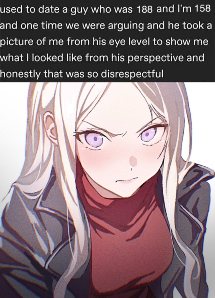 1girl, black_jacket, blush, breasts, closed_mouth, collared_jacket, commentary_request, contemporary, edelgard_von_hresvelg, fire_emblem, fire_emblem:_three_houses, from_above, gradient_background, hair_down, highres, jacket, korean_commentary, leather, leather_jacket, light_frown, long_hair, long_sleeves, looking_at_viewer, looking_up, medium_breasts, meme, nintendo, pink_lips, pov, purple_eyes, red_shirt, shirt, soma_otakuu, white_hair