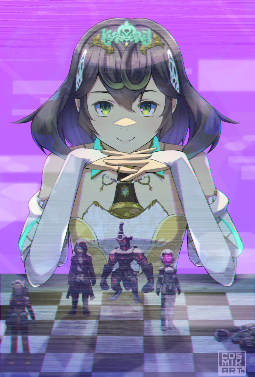 1girl, chessboard, cosmik_arts, dress, final_fantasy, final_fantasy_xiv, glowing, glowing_eye