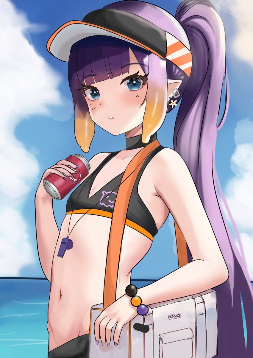 1girl, bag, beach, bikini, blue_eyes, blunt_bangs, blush, bracelet