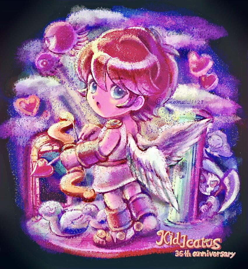 1boy, ancient_greek_clothes, angel, angel_wings, arrow_(projectile), blue_eyes, bow_(weapon), brown_hair, chibi, chibi_only, feathered_wings, greco-roman_clothes, heart, highres, holding, holding_arrow, kid_icarus, male_focus, monoeye_(kid_icarus), nintendo, open_mouth, pale_skin, pit_(kid_icarus), purple_background, reaper_(kid_icarus), reapette, sandals, shemum, suruga_kanade, toga, traditional_media, weapon, wings