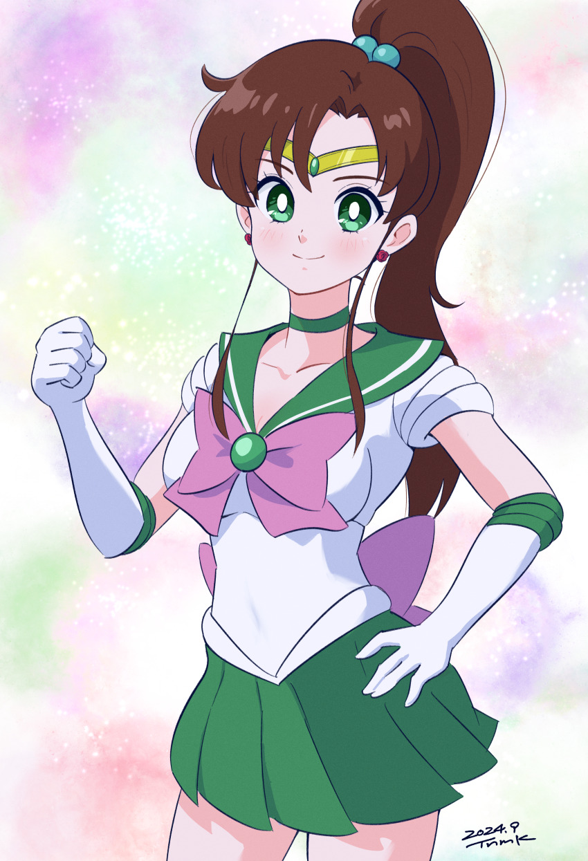 1girl, absurdres, bishoujo_senshi_sailor_moon, blush, breasts, brown_hair, cleavage, clenched_hand