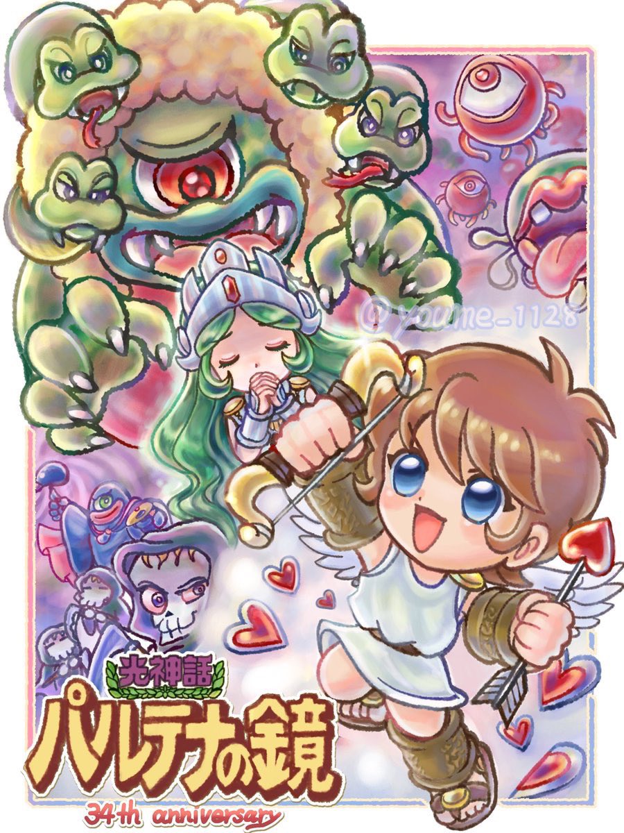 1boy, 2girls, ancient_greek_clothes, angel, arrow_(projectile), belt, blue_eyes, bow_(weapon), brown_hair, chibi, curly_hair, cyclops, eggplant_wizard, feathered_wings, feathers, greco-roman_clothes, green_hair, highres, holding, holding_arrow, kid_icarus, kid_icarus_(nes), long_hair, medusa_(kid_icarus), mik_(kid_icarus), monoeye_(kid_icarus), monster, multiple_girls, nintendo, one-eyed, palutena, pit_(kid_icarus), reaper_(kid_icarus), reapette, short_hair, snake_hair, suruga_kanade, toga, weapon, wings