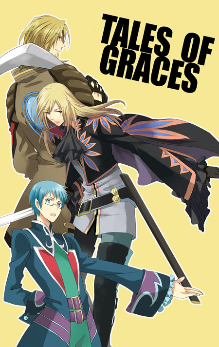 3boys, aotsuki_ren, bad_id, bad_pixiv_id, blade, blonde_hair, blue_eyes, blue_hair, brown_hair, cape, copyright_name, glasses, gloves, hubert_ozwell, male_focus, malik_caesars, multiple_boys, richard_(tales), smile, sword, tales_of_(series), tales_of_graces, weapon, yellow_background