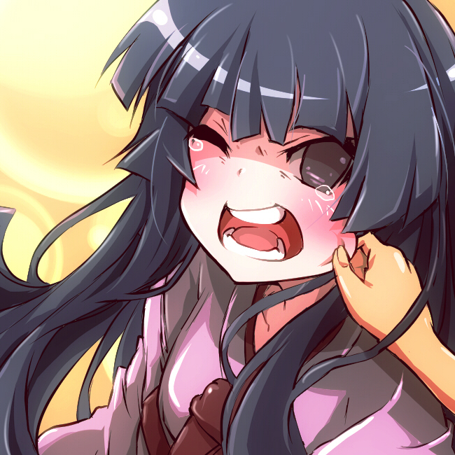 black_eyes, black_hair, blush, cheek_pinching, empty_eyes, hime_cut, ichima_(yumekui_merry), japanese_clothes, long_hair, one_eye_closed, pinching, solo, tanashi_(mk2), tears, wink, yumekui_merry