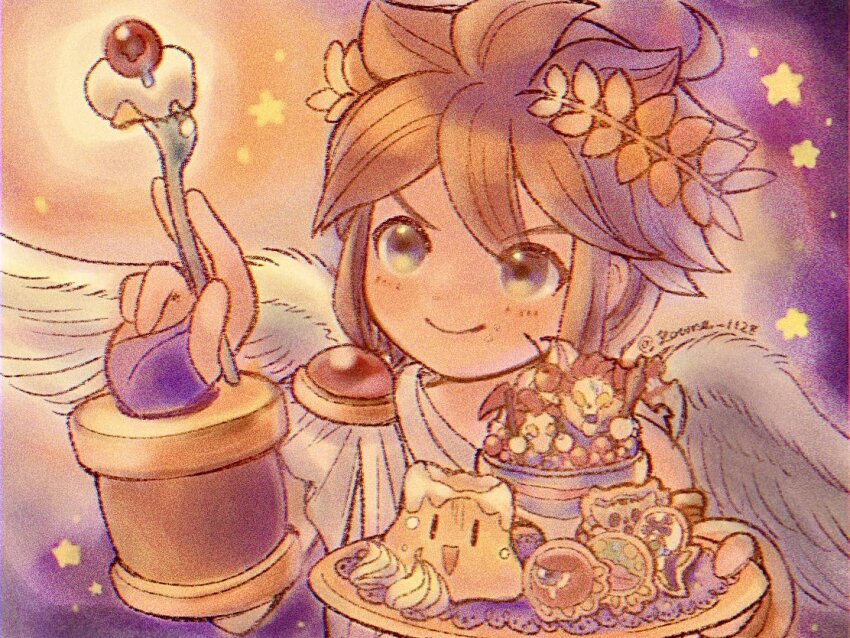1boy, angel, angel_wings, blue_eyes, blush, brown_hair, character-themed_food, closed_mouth, fingerless_gloves, food, fork, gloves, holding, holding_fork, kid_icarus, kid_icarus_uprising, laurel_crown, male_focus, mik_(kid_icarus), monoeye_(kid_icarus), nintendo, orne_(kid_icarus), pit_(kid_icarus), purple_background, reaper_(kid_icarus), reapette, skuttler, souflee, suruga_kanade, sweets, wings