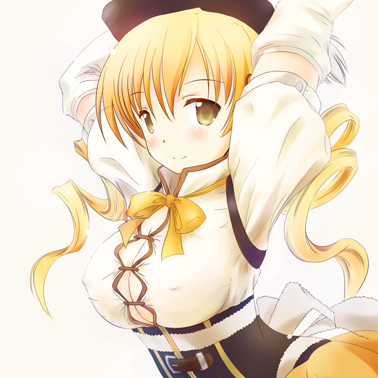 10s, 1girl, arms_behind_head, beret, blonde_hair, breasts, bursting_breasts, cleavage, corset, covered_erect_nipples, detached_sleeves, drill_hair, female_focus, hair_ornament, hat, kamo_(rsrk), large_breasts, magical_girl, mahou_shoujo_madoka_magica, mahou_shoujo_madoka_magica_(anime), pleated_skirt, puffy_sleeves, shirt, skirt, smile, solo, taut_clothes, taut_shirt, tomoe_mami, tomoe_mami_(magical_girl), yellow_eyes