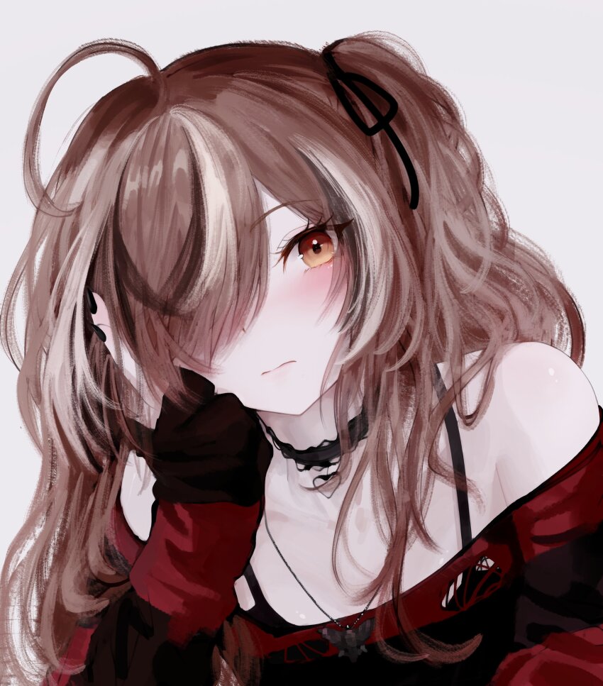 1girl, absurdres, ahoge, bird, black_choker, black_nails, black_ribbon, black_sweater