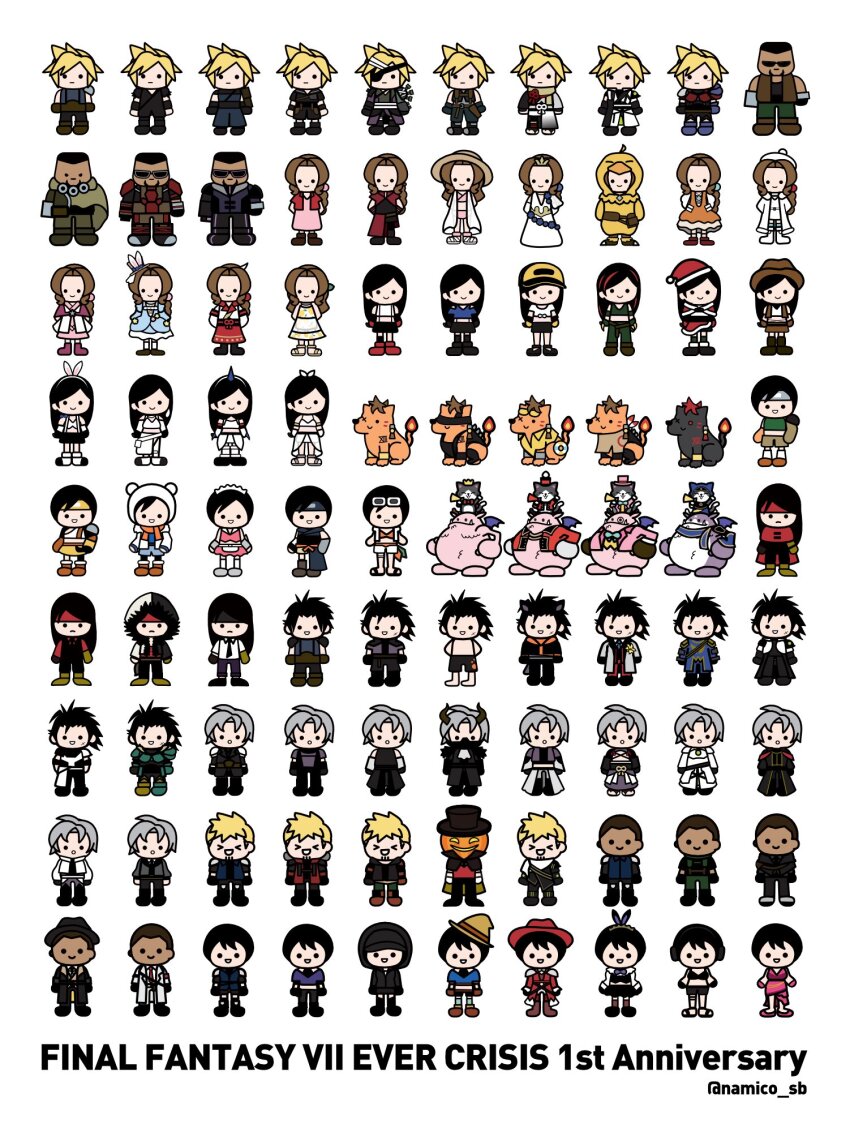 >_<, 4girls, 6+boys, :d, aerith_gainsborough, aerith_gainsborough_(chocobo_suit), aerith_gainsborough_(citric_dress), aerith_gainsborough_(classic_coney)