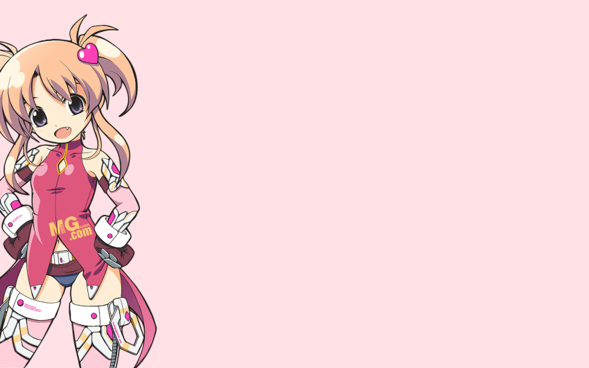 armor, brown_hair, fang, gloves, heart_hair_ornament, highres, mangagamer, panties