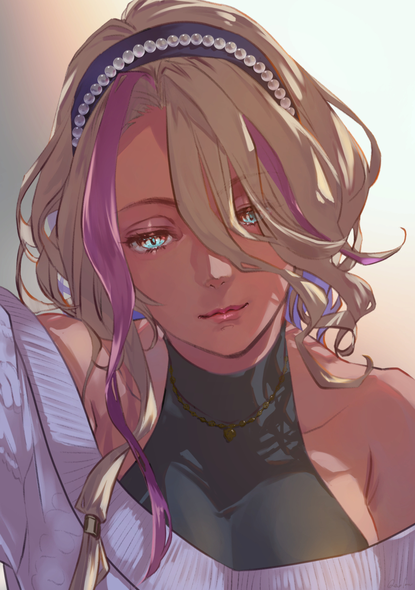 1girl, black_hairband, blonde_hair, blue_eyes, hair_between_eyes, hairband, highres, indie_virtual_youtuber, jewelry, lipstick, makeup, multicolored_hair, necklace, pink_hair, portrait, reeoka_oh, senya_ichiya, solo, streaked_hair, tan, virtual_youtuber