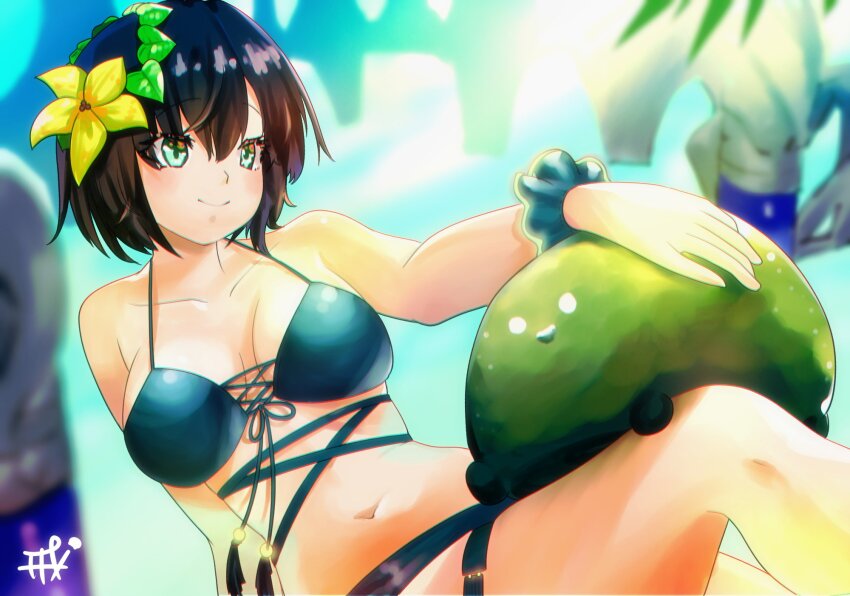 1girl, aoi_erika, bikini, black_bikini, black_hair, flower, green_eyes, hair_flower, hair_ornament, head_wreath, heaven_burns_red, highres, narvy_(heaven_burns_red), navel, short_hair, sitting, solo, swimsuit, t_kutkut