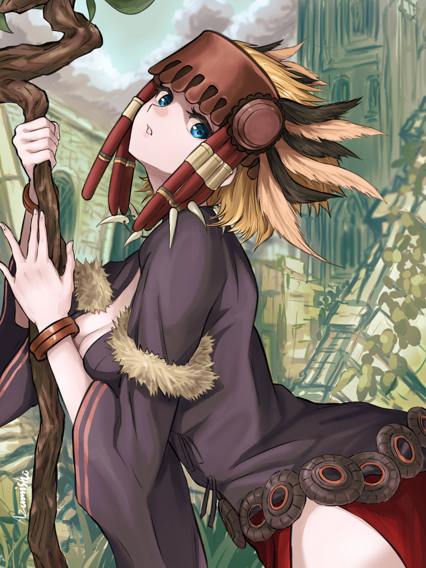 1girl, absurdres, black_shirt, blonde_hair, blue_eyes, breasts, cleavage, commentary_request