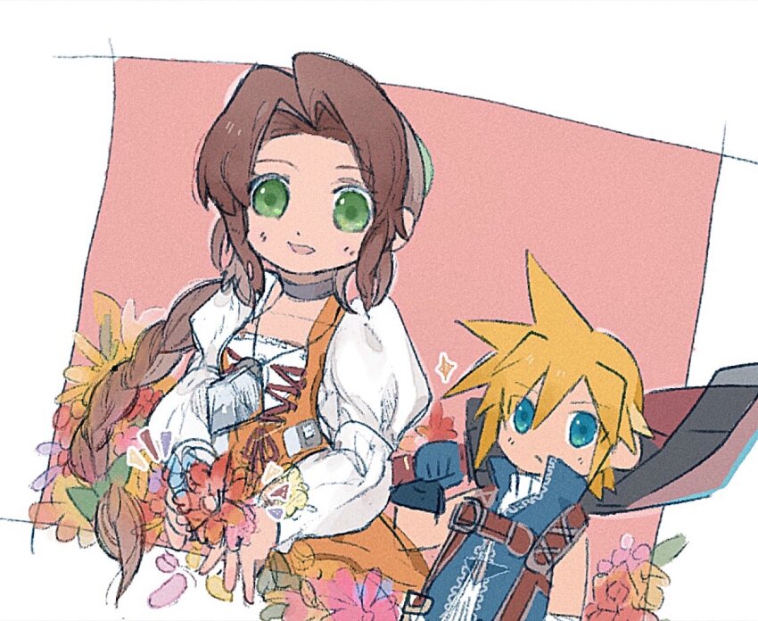1boy, 1girl, aerith_gainsborough, aerith_gainsborough_(garnet's_gown), ankomochi_(tomatoaaa), blonde_hair, blue_eyes, blue_gloves