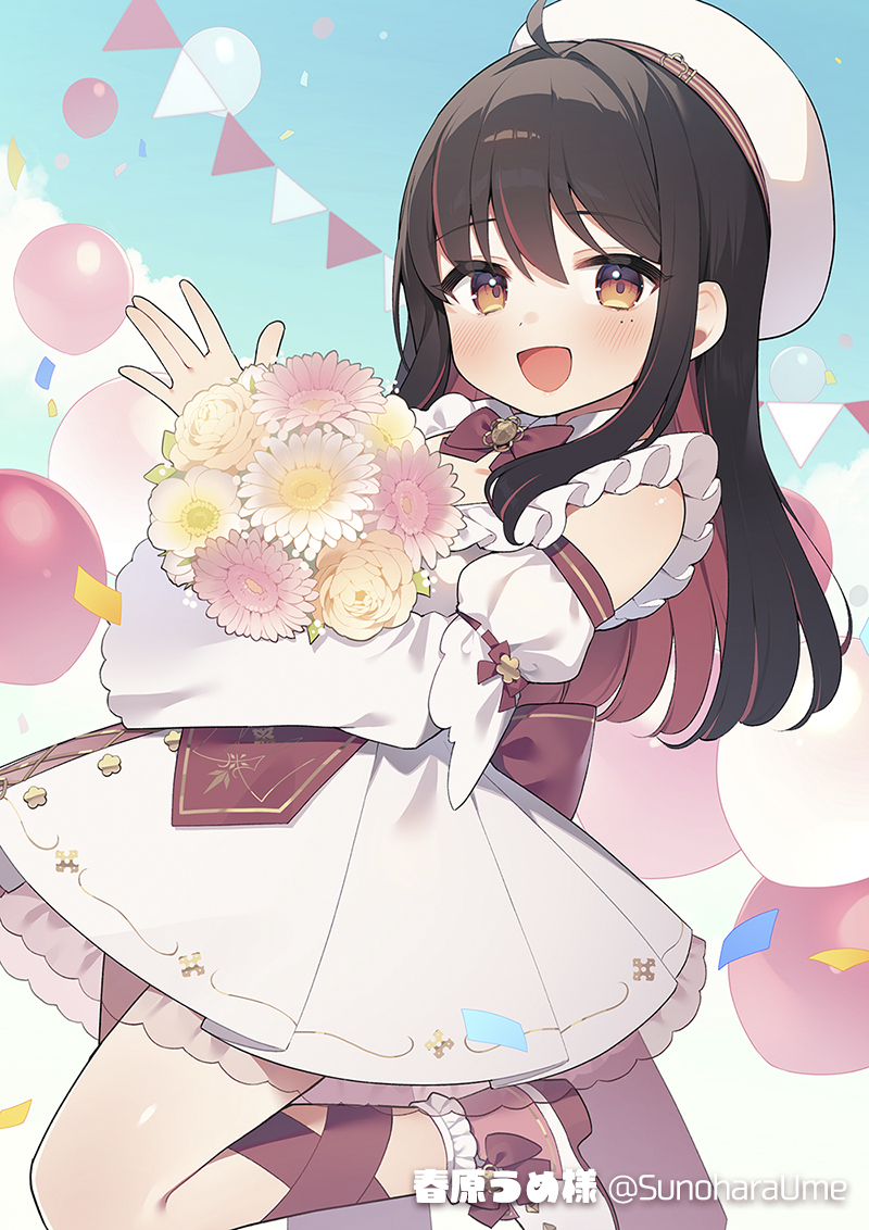 1girl, :d, ahoge, balloon, black_hair, blue_sky, blush, bouquet