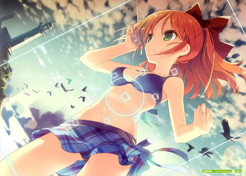 1girl, absurdres, bikini, bikini_top_only, bird, bow, cloud, dutch_angle