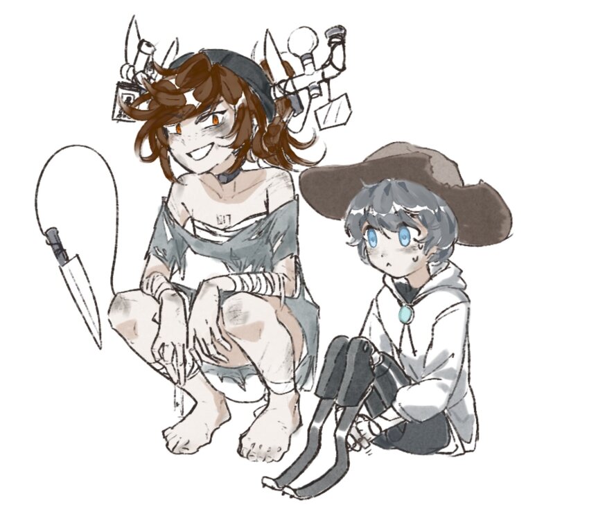 1boy, 1girl, :<, age_difference, aida_(aidacamelia0516), alice_(murder_drones), bandaged_arm, bandaged_chest, bandaged_leg, bandages, beau_(murder_drones), black_shorts, blue_eyes, brown_hair, brown_hat, choker, cowboy_hat, dirty, dirty_clothes, dirty_face, fake_antlers, full_body, grey_hair, grey_shirt, hat, highres, hood, hoodie, humanization, kitchen_knife, knife, looking_at_another, mechanical_legs, medium_hair, murder_drones, no_pants, orange_eyes, prosthesis, prosthetic_leg, shirt, shorts, simple_background, sitting, size_difference, smile, squatting, sweat, torn_clothes, white_background, white_hoodie
