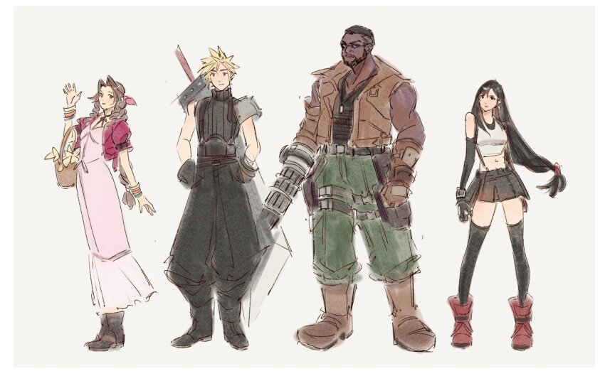 2boys, 2girls, aerith_gainsborough, armor, baggy_pants, bangle, bare_shoulders, barret_wallace