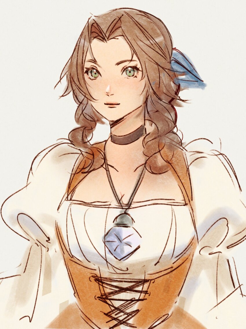 1girl, aerith_gainsborough, aerith_gainsborough_(garnet's_gown), black_choker, blue_ribbon, braid, braided_ponytail, breasts