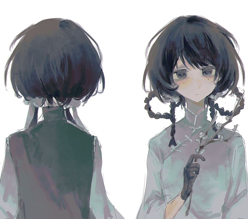 2girls, baozaolaoyan, black_eyes, black_gloves, black_hair, black_vest, braid, braided_hair_rings