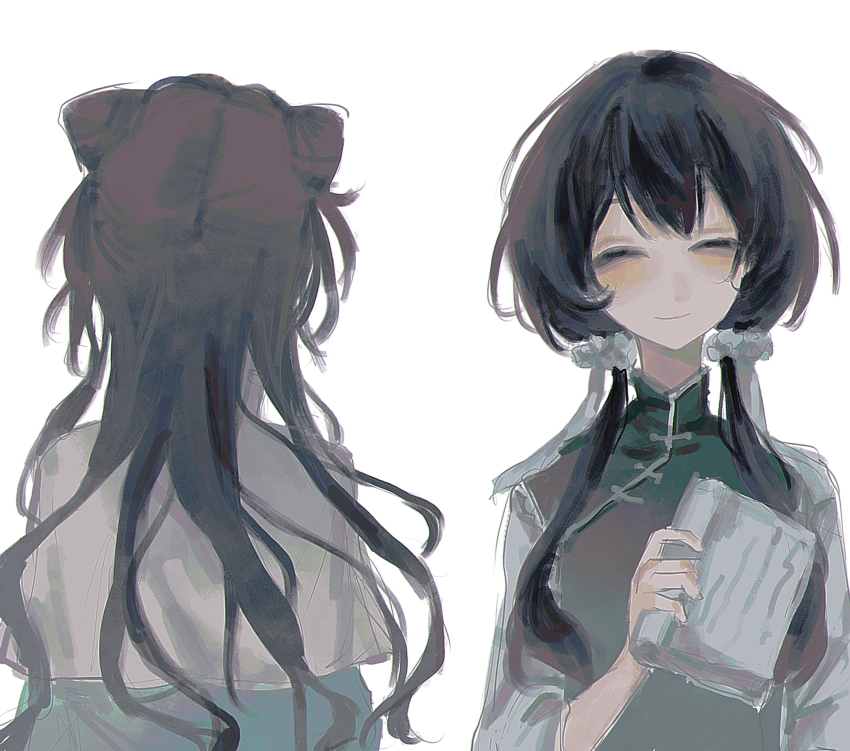 2girls, baozaolaoyan, black_hair, capelet, chinese_commentary, closed_eyes, closed_mouth, commentary_request