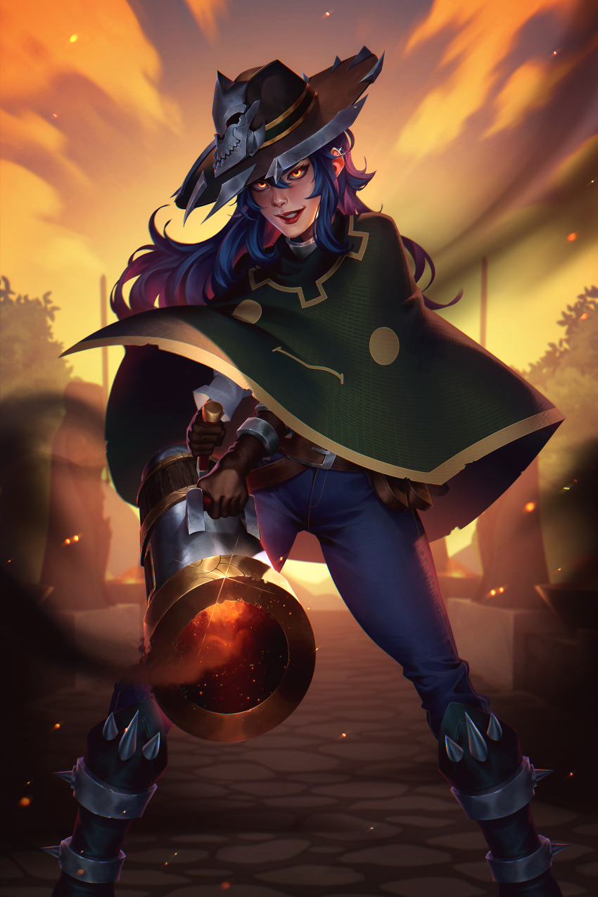 1girl, absurdres, armor, armored_boots, belt, belt_buckle, belt_pouch, blue_hair, boots, buckle, cannon, cannoneer, commentary, commission, cosplay, cowboy_western, dang_(runescape), denim, english_commentary, enter_the_gungeon, fire, glint, gloves, gold_trim, green_poncho, hat, highres, holding, holding_cannon, jeans, johnny_azad, large_hat, long_hair, original, pants, path, poncho, pouch, road, runescape, skull, smoke, smoke_trail, solo, spiked_boots, spiked_ear_piercing, standing, statue, sunset, the_gunslinger_(enter_the_gungeon), the_gunslinger_(enter_the_gungeon)_(cosplay), weapon, yellow_eyes