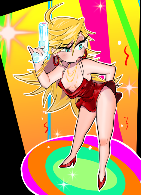 1girl, 2024, abstract_background, ahoge, bare_legs, bare_shoulders, blonde_hair, blue_eyes, blush, bracelet, breasts, cleavage, clenched_hand, collarbone, commentary, danidani1237123, dress, earrings, english_commentary, eyeshadow, full_body, gold, gun, half-closed_eyes, hand_on_own_hip, hashtag-only_commentary, holding, holding_gun, holding_weapon, jewelry, leaning_forward, looking_to_the_side, multicolored_background, open_mouth, panties, panty_&amp;_stocking_with_garterbelt, panty_(psg), panty_peek, pink_eyeshadow, red_dress, spiked_hair, standing, swept_bangs, thick_thighs, thighs, tsurime, underwear, weapon