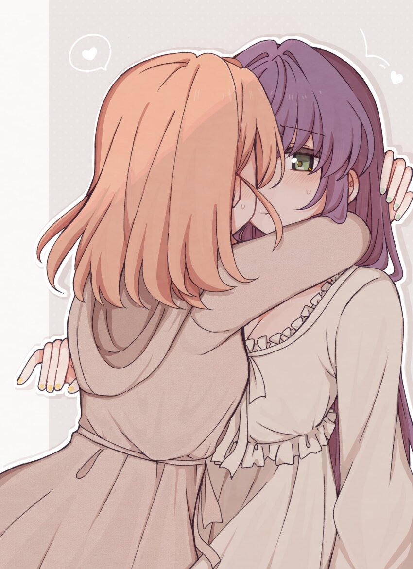 2girls, breasts, cleavage, commentary, cowboy_shot, dress, face-to-face, frilled_dress