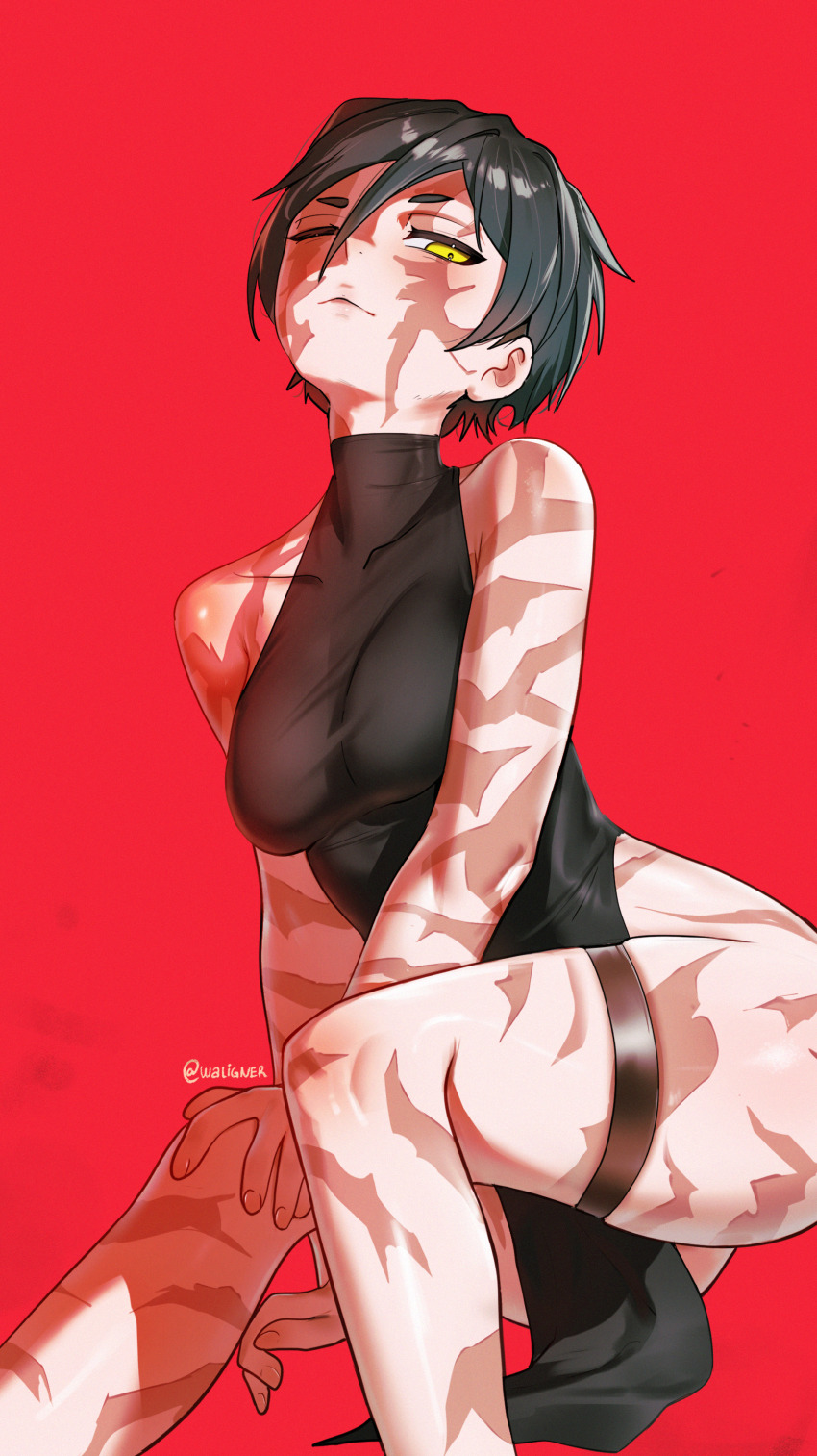 1girl, absurdres, ass, black_dress, black_hair, bleach, breasts, closed_mouth, cosplay, dress, highres, jujutsu_kaisen, kuchiki_rukia, medium_breasts, red_background, scar, scars_all_over, short_hair, side_slit, simple_background, solo, thigh_strap, too_many, very_short_hair, waligner, yellow_eyes, zen'in_maki, zen'in_maki_(cosplay), zen'in_maki_(post_shibuya)
