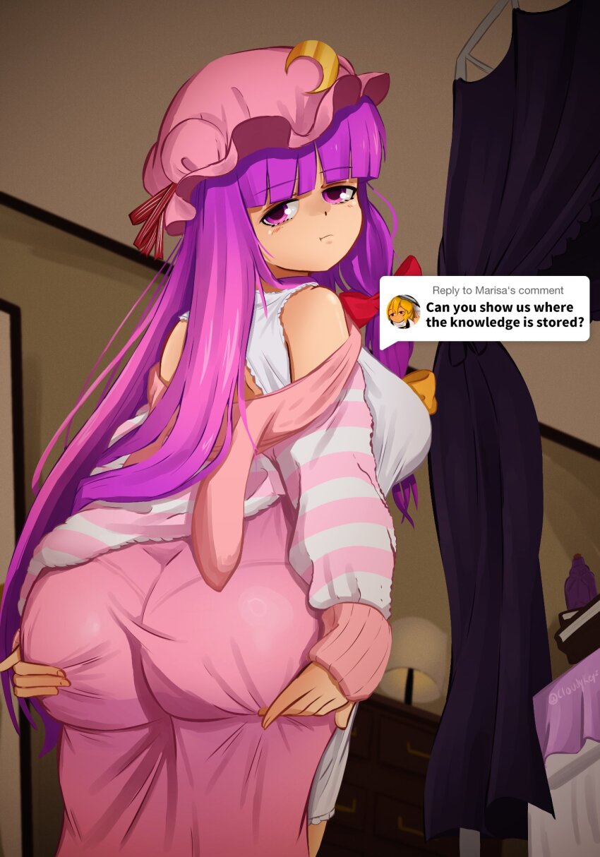 1girl, :t, adapted_costume, ass, bare_shoulders, bed, bedroom, blunt_bangs, book, book_stack, bow, breasts, canopy_bed, closed_mouth, cloudykeyz, crescent, crescent_hat_ornament, curtains, desk, dress, english_text, grabbing_own_ass, hair_bow, hair_ribbon, hat, hat_ornament, highres, kirisame_marisa, lamp, long_hair, long_sleeves, looking_at_viewer, mob_cap, partially_undressed, patchouli_knowledge, pout, purple_eyes, purple_hair, red_bow, red_ribbon, ribbon, robe, solo, striped_clothes, text_messaging, touhou, twitter_username, very_long_hair, watermark, white_dress, yellow_bow