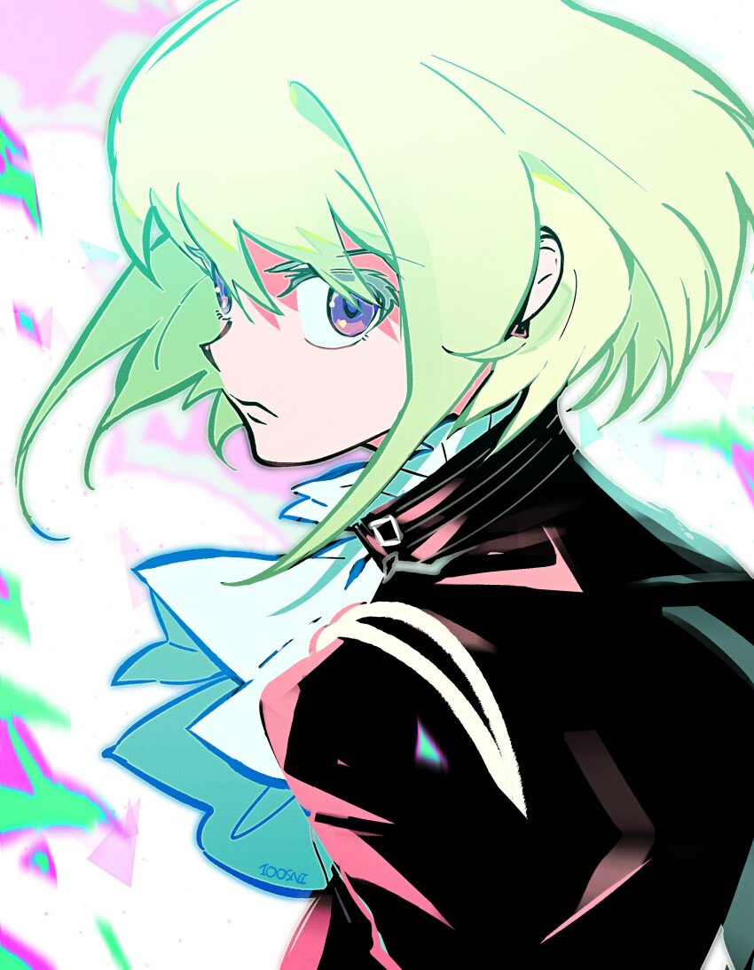 1boy, absurdres, androgynous, artist_name, ascot, black_jacket, bob_cut, closed_mouth