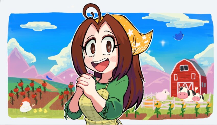 1girl, 2024, ahoge, animal, apron, barn, bird, bokujou_monogatari