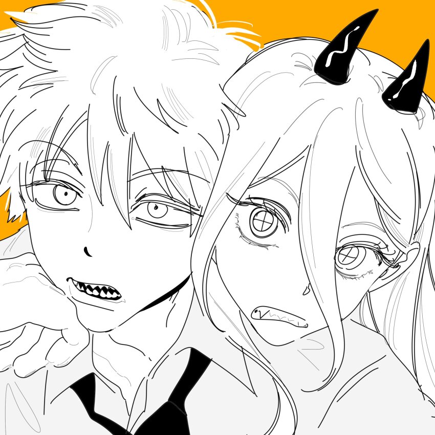 1boy, 1girl, absurdres, black_necktie, chainsaw_man, clenched_teeth, close-up, collared_shirt