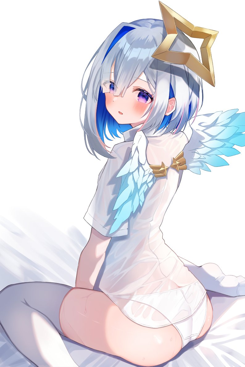 1girl, alternate_costume, amane_kanata, angel_wings, ass, ass_focus, asymmetrical_bangs, asymmetrical_hair, bed_sheet, between_legs, blue_hair, blue_wings, blush, bob_cut, collared_shirt, colored_inner_hair, commentary_request, embarrassed, eyes_visible_through_hair, feathered_wings, from_above, from_behind, gradient_wings, grey_hair, hair_over_one_eye, halo, hand_between_legs, hololive, looking_at_viewer, multicolored_hair, multicolored_wings, no_pants, panties, pink_hair, purple_eyes, see-through_clothes, see-through_shirt, shirt, short_hair, short_sleeves, single_hair_intake, sitting, solo, star_halo, streaked_hair, thighhighs, uekana9, underwear, virtual_youtuber, wariza, wet, wet_clothes, wet_shirt, white_panties, white_shirt, white_thighhighs, white_wings, wings, zettai_ryouiki