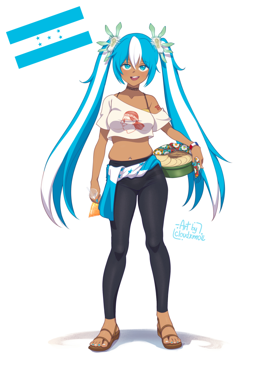 1girl, absurdres, aqua_eyes, aqua_hair, black_pants, bracelet, cloudxmoe, feet, full_body, hatsune_miku, highres, holding, honduran_flag, honduras, jewelry, legs, long_hair, looking_at_viewer, midriff, multicolored_hair, nail_polish, navel, off-shoulder_shirt, off_shoulder, pants, print_shirt, sandals, shadow, shirt, short_sleeves, signature, simple_background, solo, standing, streaked_hair, toenail_polish, toenails, toes, very_long_hair, vocaloid, white_background, white_hair, white_shirt, worldwide_miku