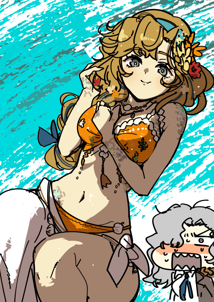 2girls, bare_shoulders, bikini, blonde_hair, blue_background, blue_hairband, blush, brown_coat