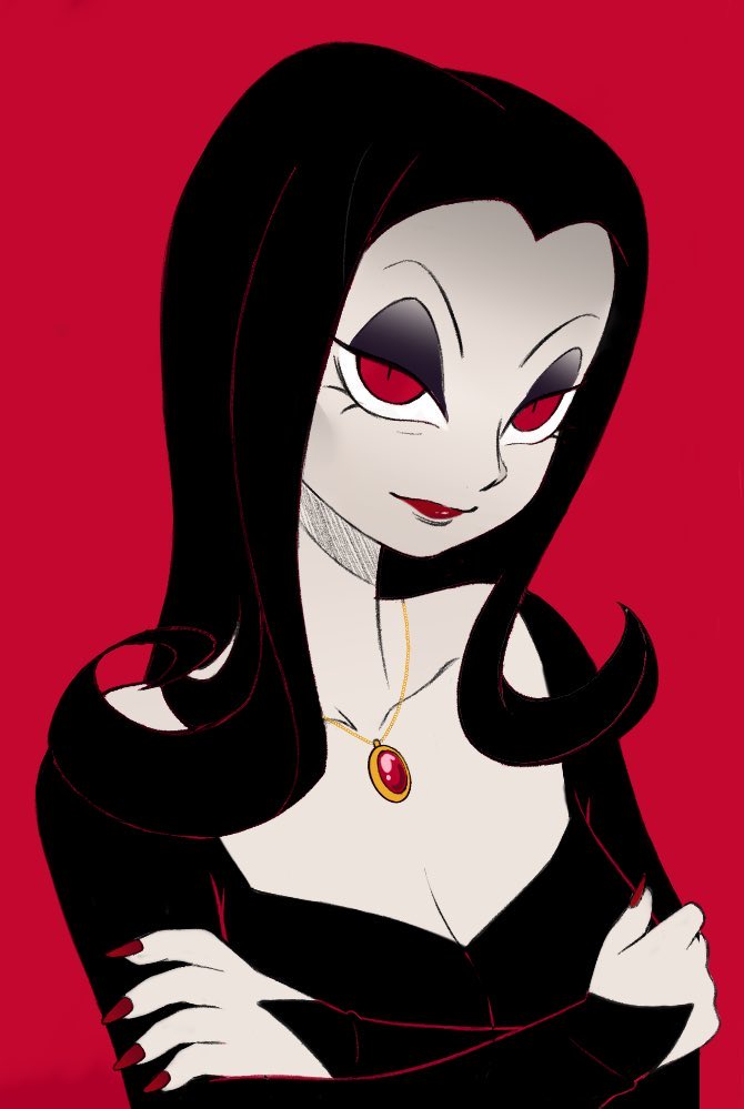 1girl, 2024, the_addams_family, black_dress, black_eyeshadow, black_hair, breasts, bridal_gauntlets