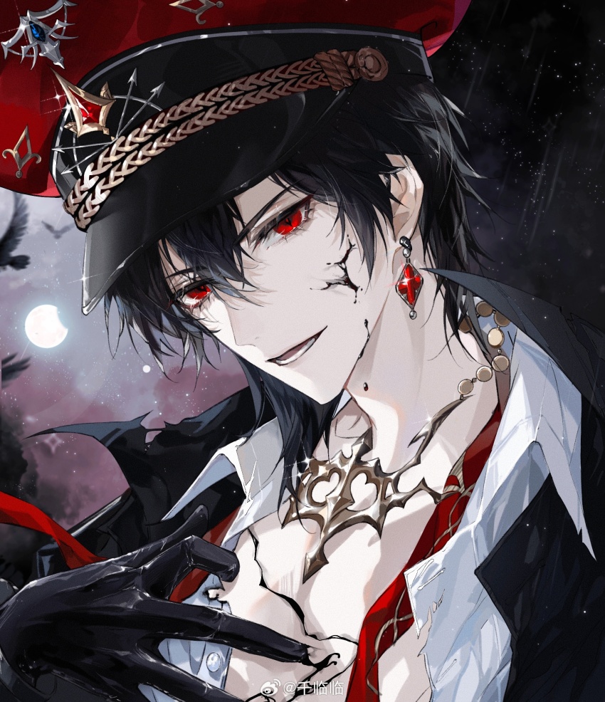 1boy, :d, ayn_alwyn, ayn_alwyn_(infinite_empire), bird, black_blood, black_gloves, black_hair